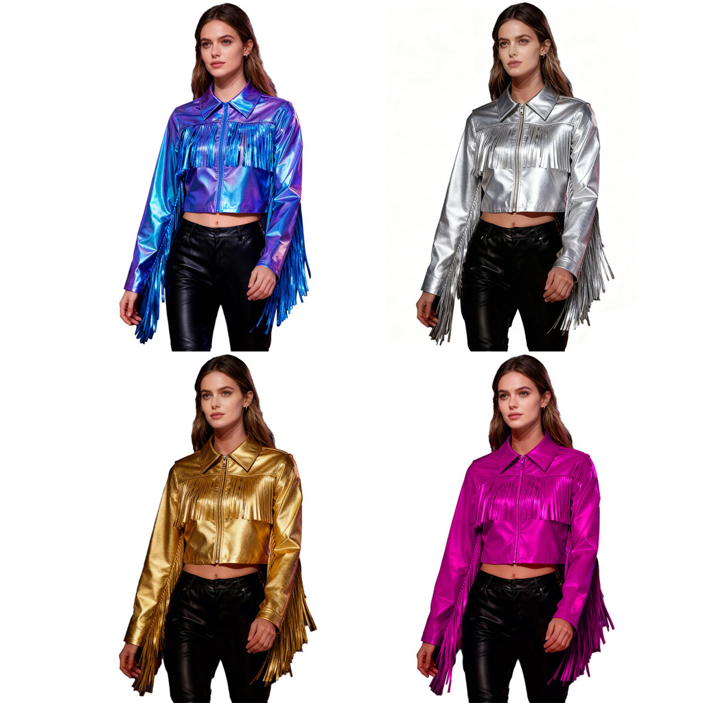 Yeahdor ผู้ใหญ่ผู้หญิง Tassels Metallic Glossy Tops Turn-Down Collar แขนยาวซิป Fringe Shiny Jacket สําหรับเต้นรําวันเกิด Party