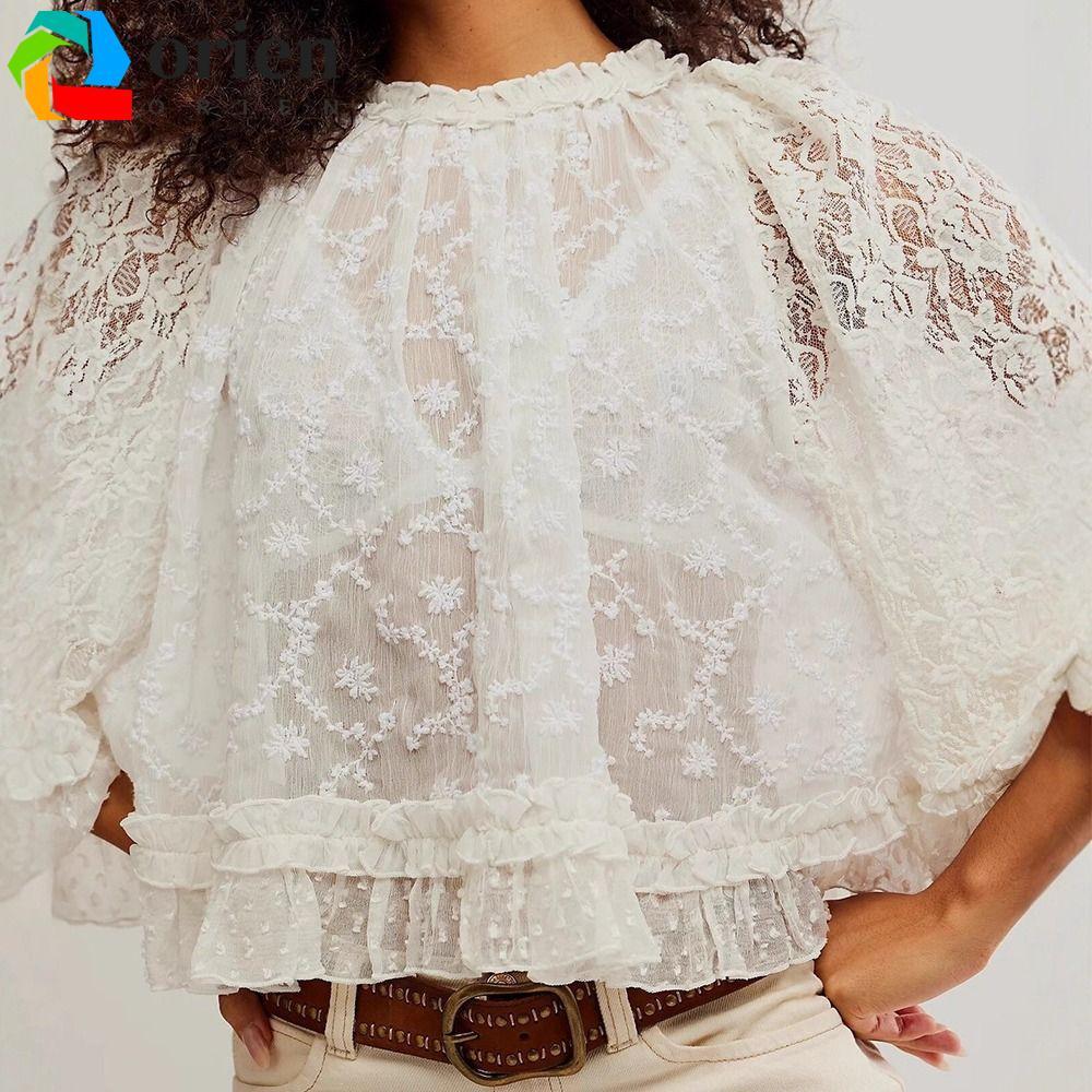 ORIEN แขนยาว, ลูกไม้เชียร์ปุ่มขึ้น Ruffle Trim เสื้อ, Y2k O คอ Flowy เสื้อออกไป