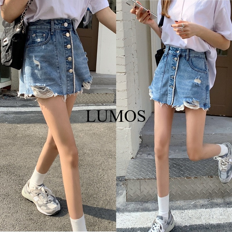 LUMOS กระโปรงยีนส์กางเกง  ซับในเป็นกางเกง แต่งติดกระดุมด้านหน้า สไตล์เกาหลี S-3XL#V72