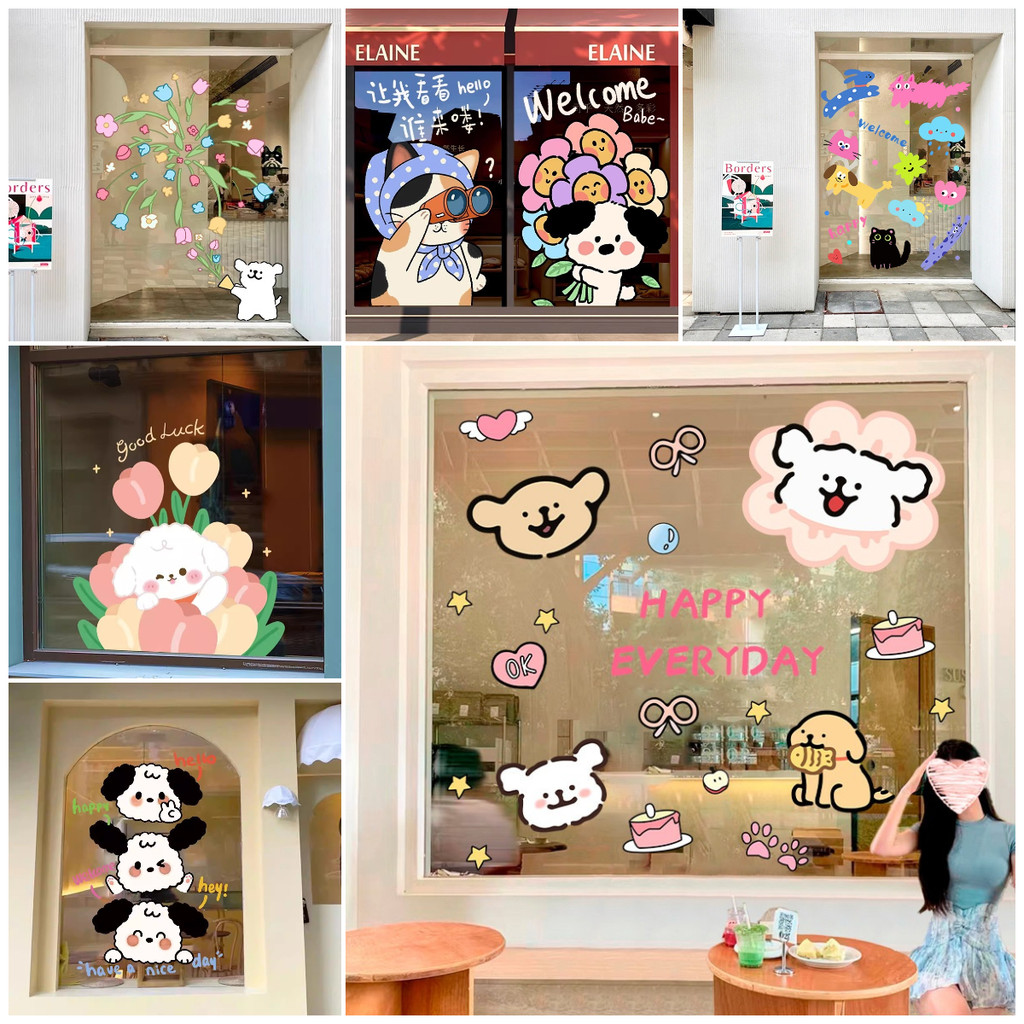COD สติ๊กเกอร์สูญญากาศ PVC สไตล์การ์ตูน ร้านชานม ตกแต่งร้านอาหาร ตกแต่งบ้าน สติกเกอร์ประตูกระจ