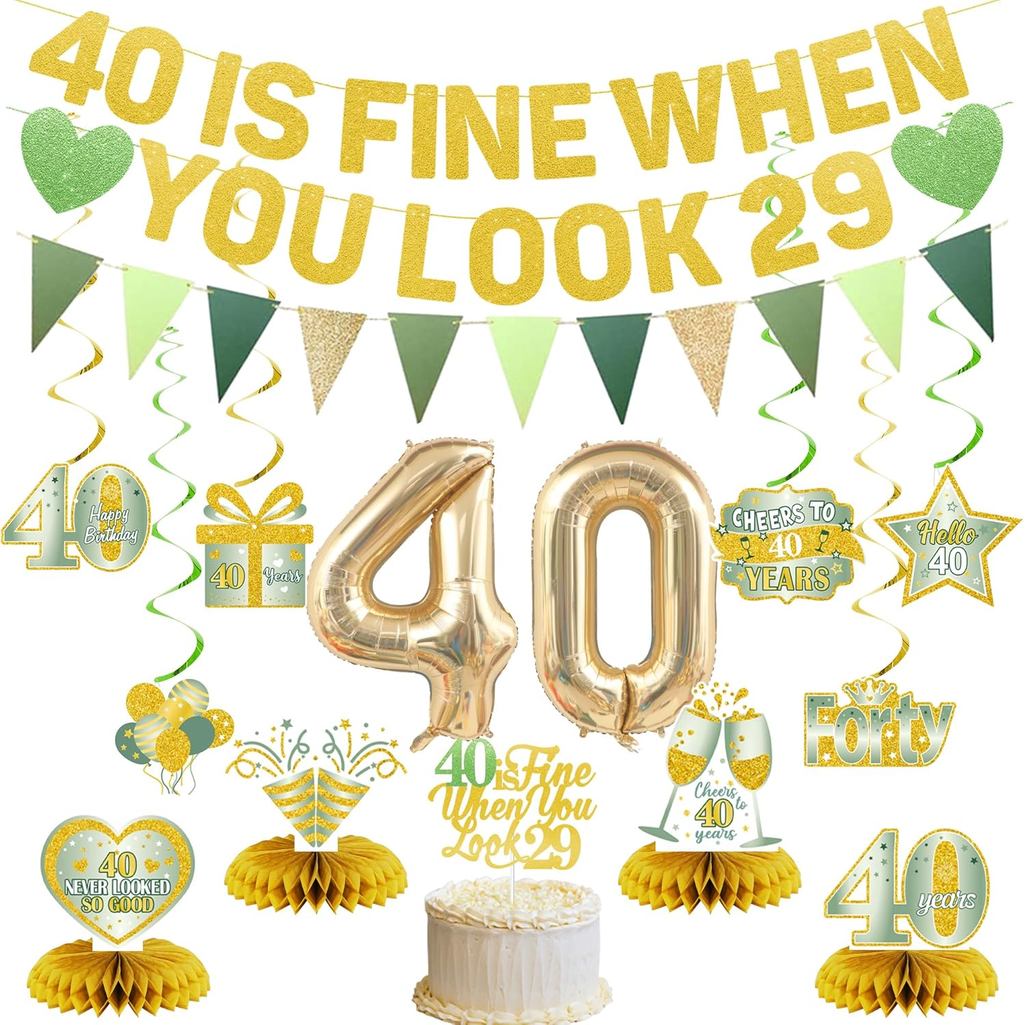 Roetyce 40th ตกแต่งวันเกิดผู้หญิงผู้ชาย,สีเขียวทอง 40 ดีเมื่อดู 29 แบนเนอร์บอลลูน Centerpieces, Sage