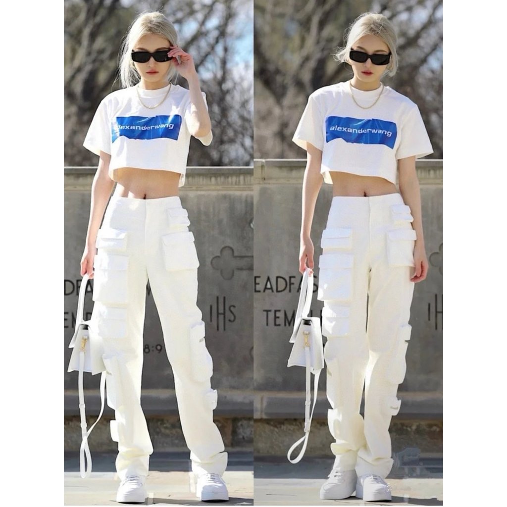 เสื้อยืดแขนสั้น Alexander Wang โลโก้จีบพิมพ์ เหมาะสมสำหรับฤดูร้อน