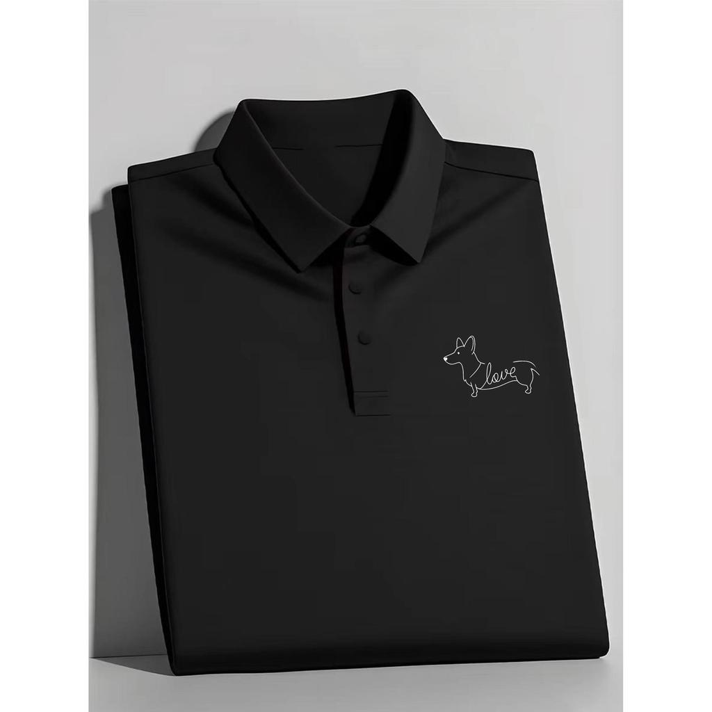【จัดส่งจากกรุงเทพฯภายใน 24 ชั่วโมง】POLO[ผู้ชายสามารถสวมใส่ผู้หญิงสามารถสวมใส่]  ฮิตสุด! เสื้อโปโลสีดำลายคอร์กี้ love เข้