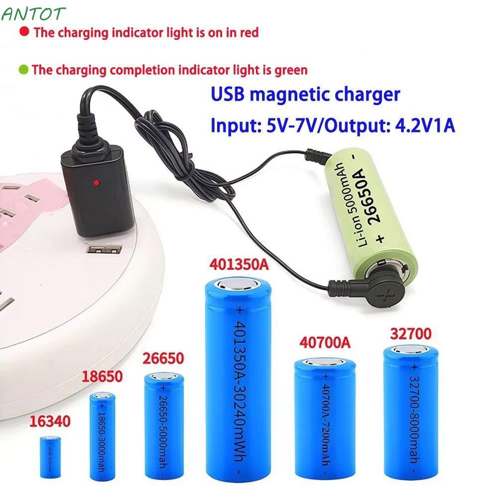 ANTOT 1 ชิ้นแบตเตอรี่ชาร์จ, USB 3.7V 4.2V แบตเตอรี่ลิเธียม Charger,ทนทานแม่เหล็ก Universal USB Magnetic Charger สําหรับ 18650 16340 26650 แบตเตอรี่