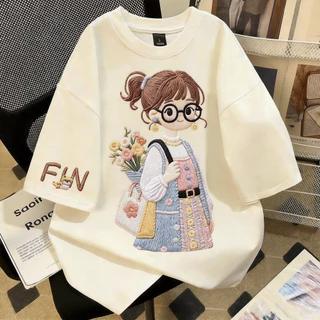 TEE·SHOP🍀เสื้อยืดฟอก เสื้อวินเทจ เสื้อยืด oversize ลาย 'FIN girl' เกาหลี เท่ห์มาก พิมพ์ลาย ผ้านิ่มใส่สบาย S-3XL COD📦