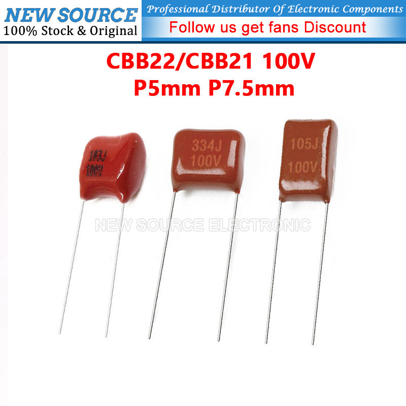 [10 ชิ้น] CBB22/21 100V ตัวเก็บประจุ P5 มม.P7.5 มม.0.01UF 0.022UF 0.1UF 0.33UF 0.35UF 0.4UF 330PF 22