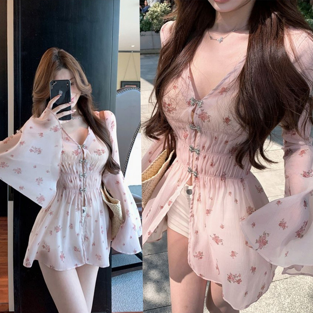 เสื้อเชิ้ตลายดอกไม้ชีฟองซุปเปอร์นางฟ้าสไตล์อ่อนโยนสำหรับผู้หญิง ชุดเดรสเอวแขนกระดิ่งฤดูร้อนสำหรับผู้หญิง