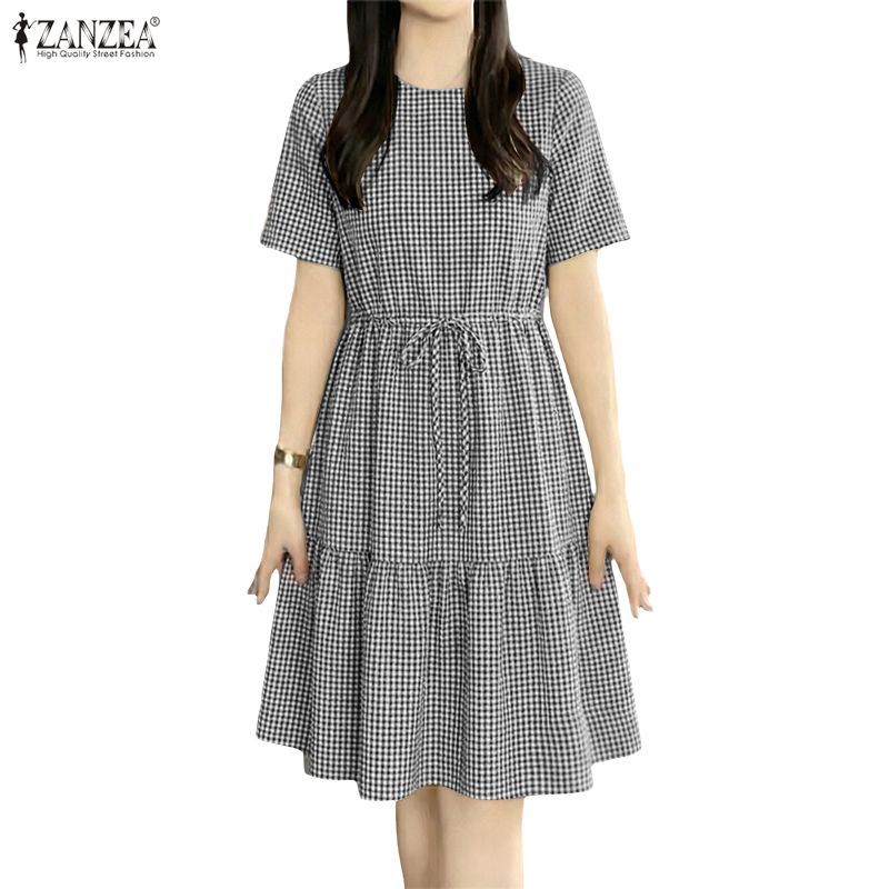 ZANZEA วินเทจเกาหลี ชุดลำลอง ลายสก๊อต พัฟแขน tie-up เอว ruffles hem