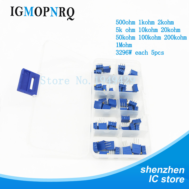 50PCS 3296W Multiturn Trimmer Potentiometer Kit ความแม่นยําสูง 3296 Variable Resistor พร้อมกล่องอิเล