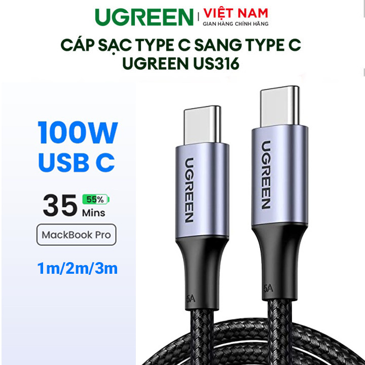 [ร้อน] Ugreen 100W 60W C ถึง C Type-C สายชาร์จเร็ว 0.5 ม. 1 ม. 2 ม. เคลือบไนลอน Ugreen US316 US261 ก