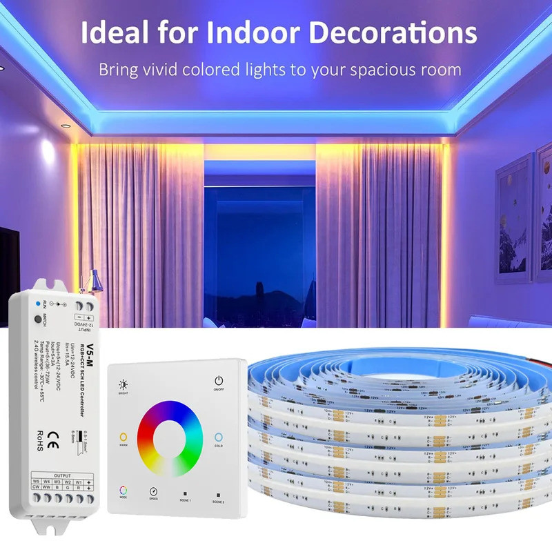 5M 10M 20M 24V COB RGB + CCT LED Strip ยืดหยุ่น Dimmable Room ตู้ Liner Light ตกแต่งห้องนอน 2.4G RF 