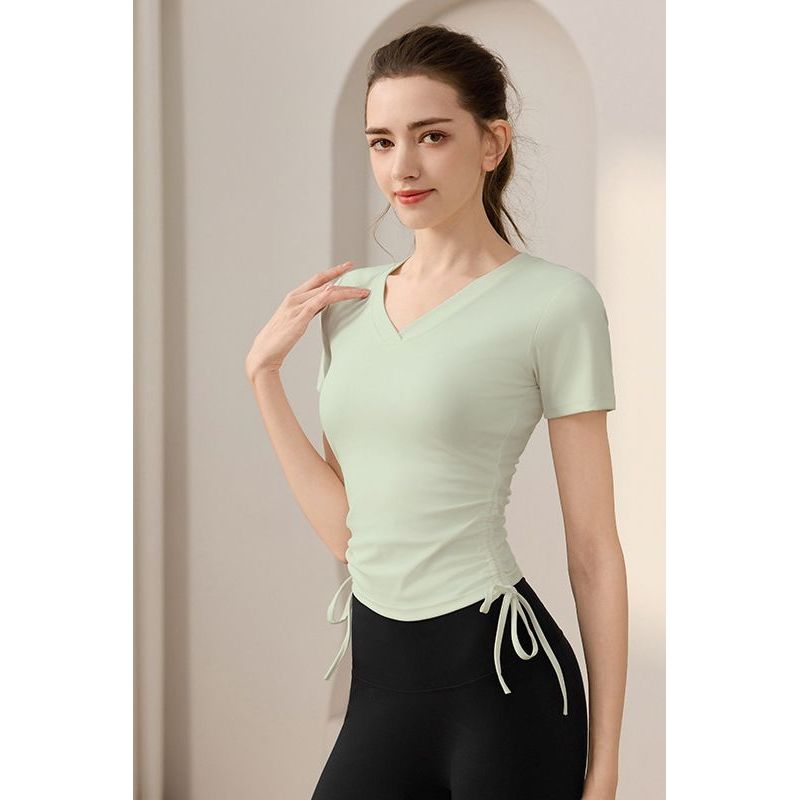 เสื้อผ้าโยคะแขนสั้น Top Pilates V คอจีบเอวผู้หญิงเสื้อยืดกีฬา Slimmer ดู Quick-Drying