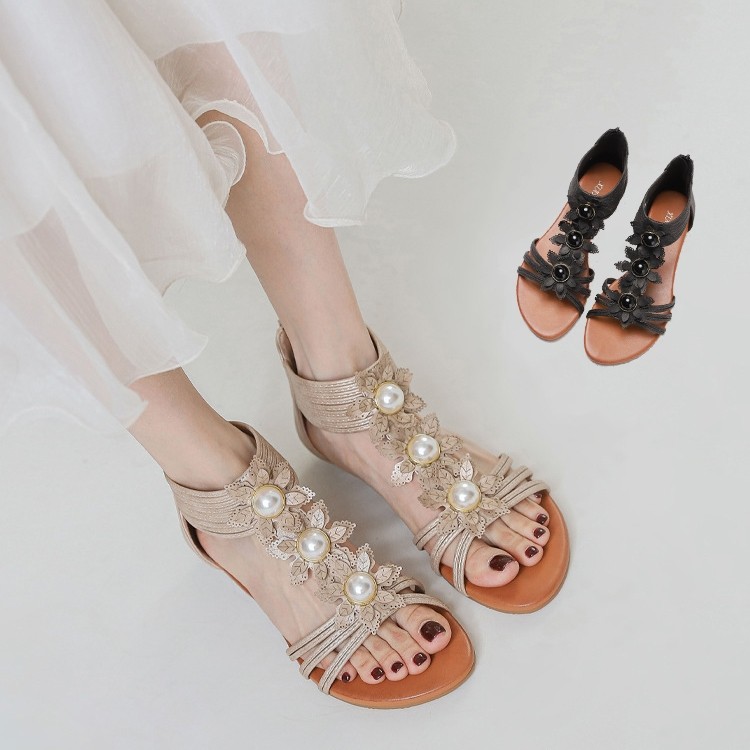 JA3 sandal perempuan รองเท้าแตะผู้หญิง Bohemian Style Retro Floral Roman Shoes Ladies Office Wear 36