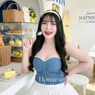 Plussize TOP เกาะอกยีนส์แต่งลูกไม้สาวอวบ อก 34-50 นิ้ว