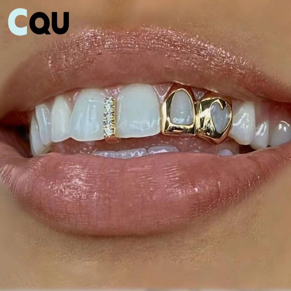 CQU Grillz, ทองแดงสีทอง Hip Hop ฟัน Grillz, Hollow Heart Shiny Double Heart ฟันหมวกฟันเครื่องประดับ