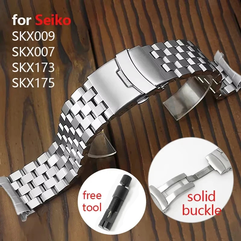สร้อยข้อมือแบนโค้งสําหรับ Seiko SKX175 SKX009 SKX173 SKX007 20 มม.22 มม.สายรัดข้อมือสแตนเลสผู้ชายผู้