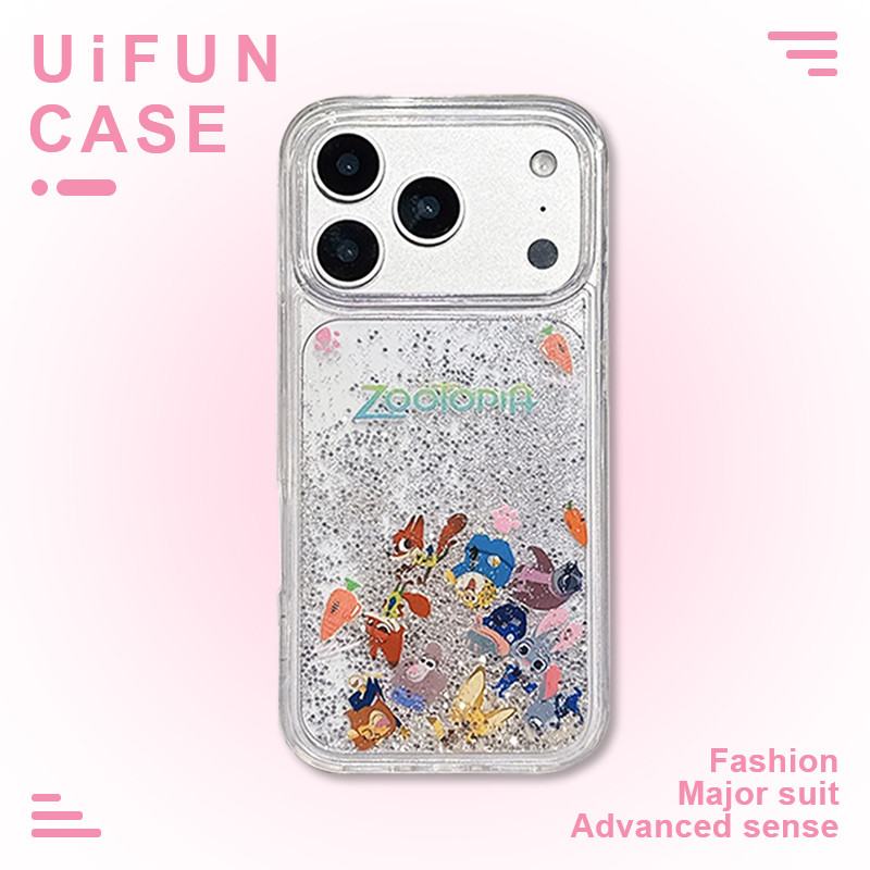 Disney Zootopia Bunny Fox Glitter Quicksand Mobile Case สําหรับ iPhone 17 16 15 14 13 12 Pro Max อะค