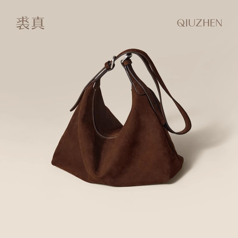 Qiuzhen Binaural กระเป๋าสะพายข้างสไตล์เรโทร หนัง Nubuck ขนาดใหญ่ สำหรับผู้หญิง