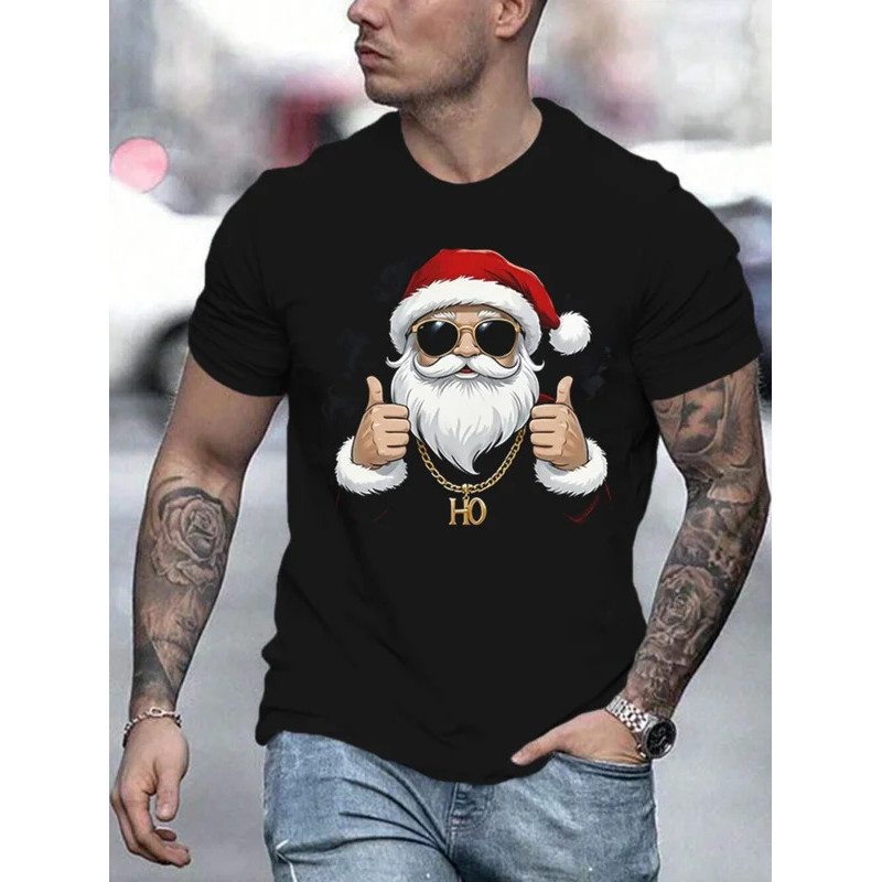 2026时尚 20262025 ผู้ชายคริสต์มาส Cool Santa Claus Gesture พิมพ์เสื้อยืด Casual ยืดเล็กน้อยแขนสั้นลูกเ