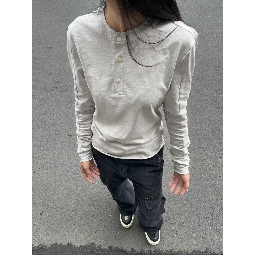 2026แฟชั่น2026อินเทรนด์อเมริกันสีดําแขนยาวเสื้อยืดผู้หญิง2025การออกแบบฤดูใบไม้ร่วงความรู้สึกกระดุมแถวเดียวSlim-Fit Slimmerดูครึ่งเปิดปกด้านบนCOD 1OVH - รูปที่ 5