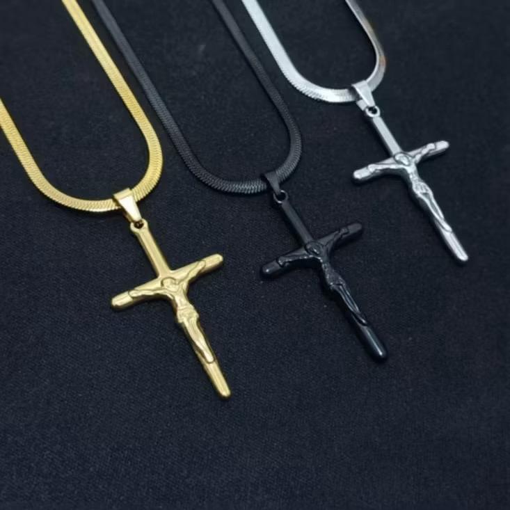 FLAT EEL TITANIUM สร้อยคอ + CROSS STATUE PENDANT สําหรับผู้ชายและผู้หญิงที่ผ่านมาและ