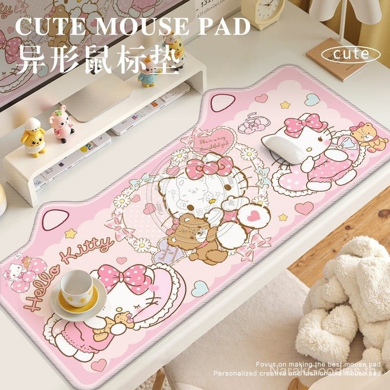 Sanrio Hello Kitty การ์ตูนแผ่นรองเมาส์หูแมวรูปทรงพิเศษขนาดใหญ่สาวน่ารักตําแหน่งการทํางานโต๊ะกันลื่น
