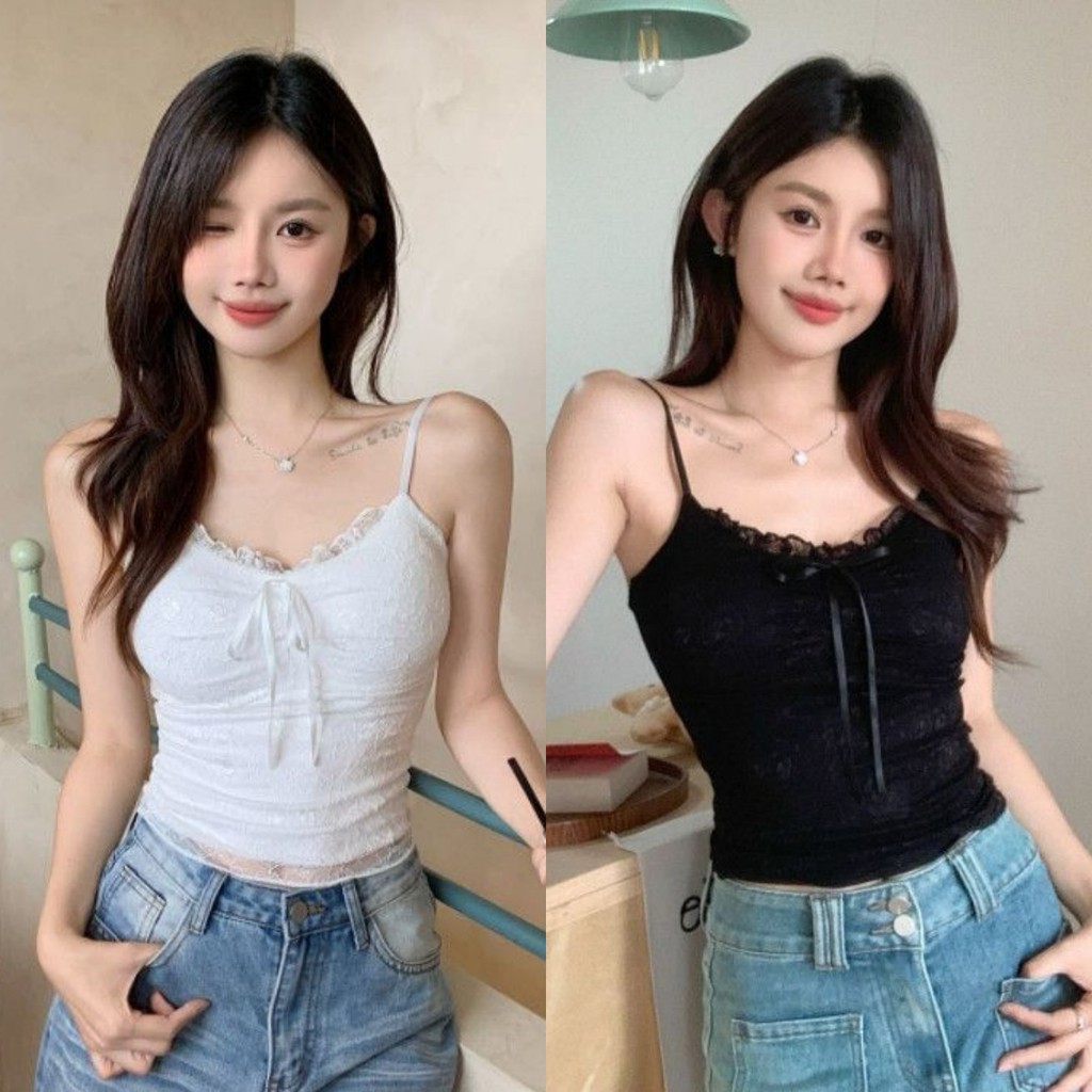 💝Bonnie💝เสื้อสายเดี่ยว เสริมฟองน้ำ ลูกไม้ เข้ารูป มี3สี สีพื้น เสื้อครอป สไตล์เกาหลี ใส่สบาย ผู้หญิง