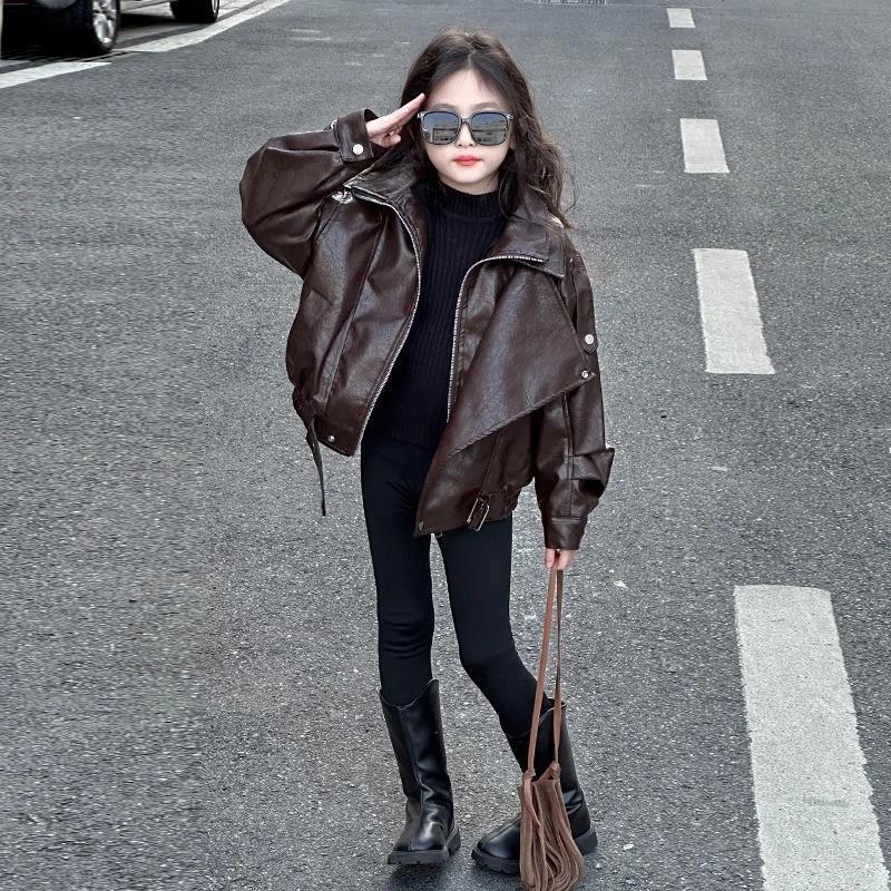 Autumn new-girls leather children's casual fashion leather jacket