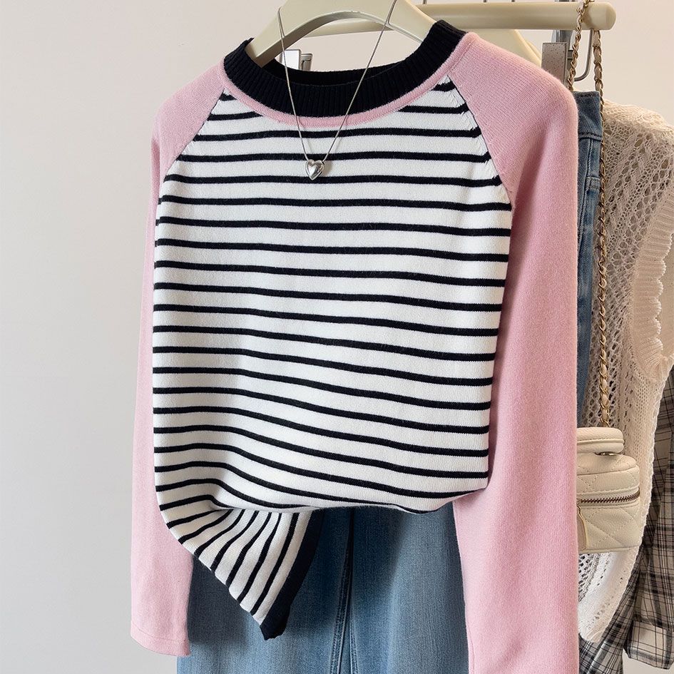 เกาหลีเกาหลี 2026 Contrast สีลายเสื้อกันหนาวสุภาพสตรีฤดูใบไม้ร่วงฤดูหนาว All-Match รอบคอ Bottoming เ