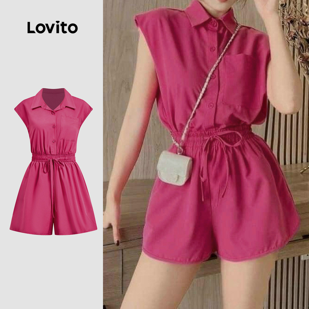 Lovito แคชชวล ชุดจั๊มสูท มีกระเป๋าและดีไซน์สม็อค สีแดงกุหลาบ สำหรับฤดูใบไม้ผลิ/ฤดูร้อน สำหรับผู้หญิง L150ED008