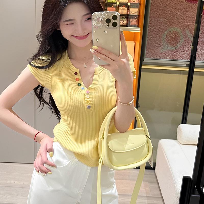 Technicolorsuper ฤดูร้อนปุ่มสีสันครึ่งเปิดคอปกแขนสั้นถักเสื้อยืดผู้หญิง Sheath เสื้อแขนสั้น TSR