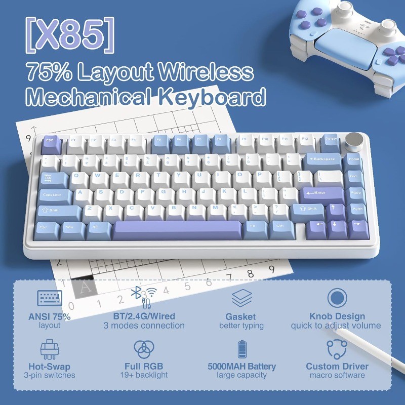  คีย์บอร์ดเกมมิ่งกลไกไร้สาย ATTACK SHARK X85 ขนาด 75% พร้อม Gasket, ปุ่มหมุน RGB, สวิตช์เปลี่ยนร้อน รองรับ BT/2.4GHz/USB-C สําหรับ PC/MAC/Win