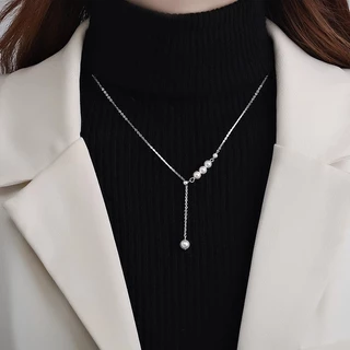 สร้อยคอยาว (ใส่กับเสื้อไหมพรม) จี้มุกประดับเพชร พู่ระย้า สไตล์เกาหลี เรียบหรู ใส่ออกงาน