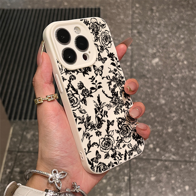 สายดอกไม้สีดําสําหรับ iPhone1715promax เคสโทรศัพท์จีบ 11 13 12 soft xr ชุด 8P