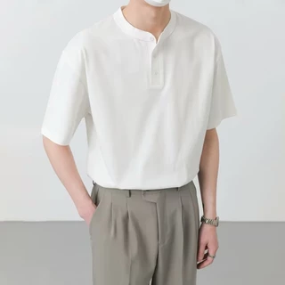 💥BecoolMan💥เสื้อยืดวินเทจสไตล์ญี่ปุ่น เสื้อคอปก Henry ทรงหลวม ลำลอง สีล้วน เรียบง่ายแมทช์ง่าย