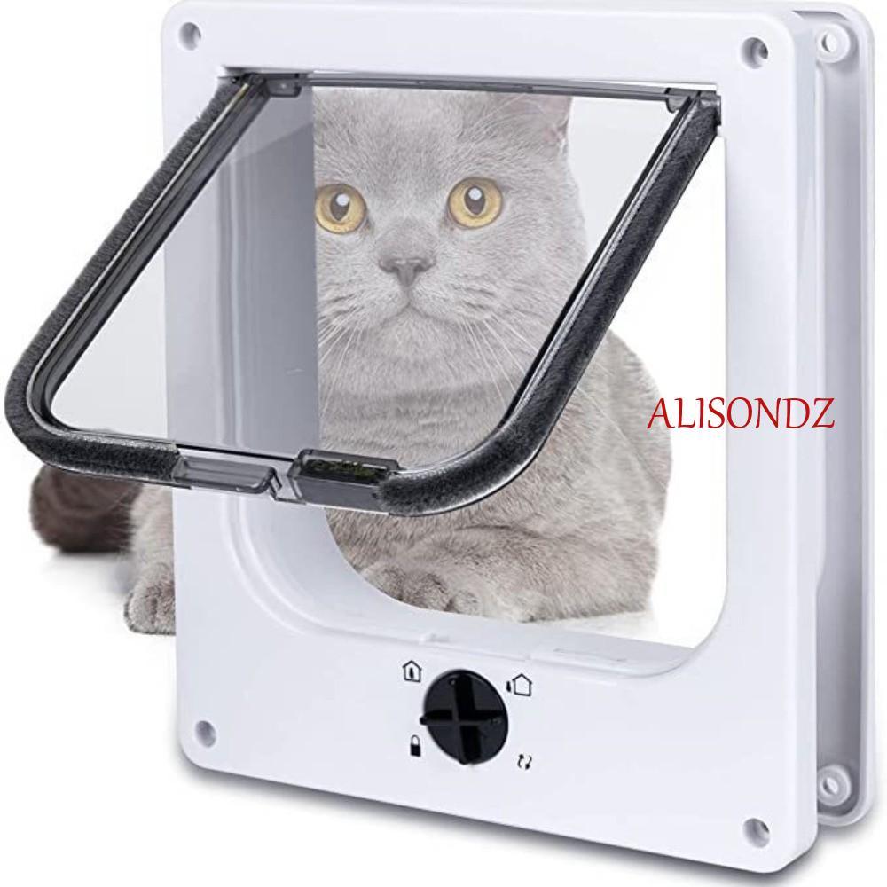 ALISONDZ ประตูสัตว์เลี้ยงปิดเอง Weatherproof 4 วิธีล็อคประตูพนังแมวพร้อมล็อครักษาความปลอดภัย,ฟรีติดตั้งง่าย ABS Anti Pet Dog Flap Door Home Garden