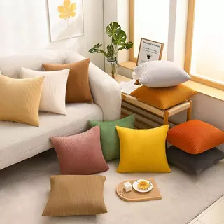 ปลอกหมอนอิงผ้าคอร์ดรอยลายร่อง มีหลายขนาด 40x40 / 45x45 / 50x50 ซม. สีพื้นเรียบง่าย ตกแต่งโซฟา ห้องนอน ไม่มีไส้หมอน
