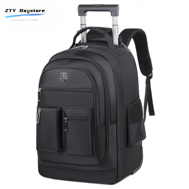 [จัดส่งฟรี] ZTY ขนาดใหญ่-ความจุ Double-Back Trolley Bag Mens Casual Outdoor Travel Backpack Oxford ผ้าน้ําหนักเบาหลายช่องกระเป๋าเป้สะพายหลังคอมพิวเตอร์
