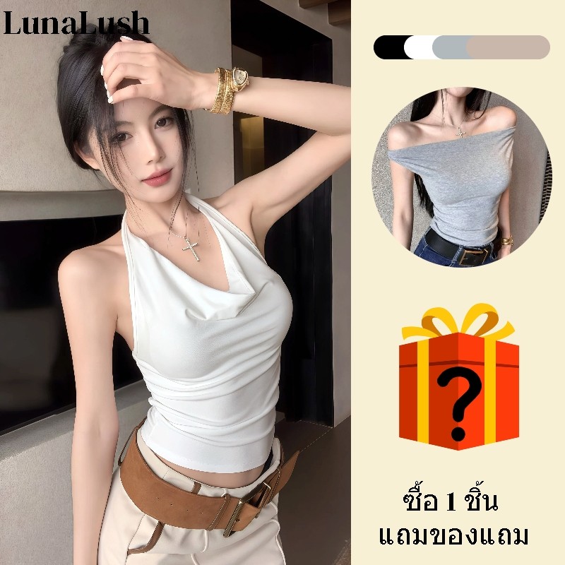LunaLush✨พร้อมส่ง มาใหม่ เสื้อครอปแขนกุด ทรงรัดพอดี สไตล์เซ็กซี่สาวร้อน คล้องคอ FY2758#1-0