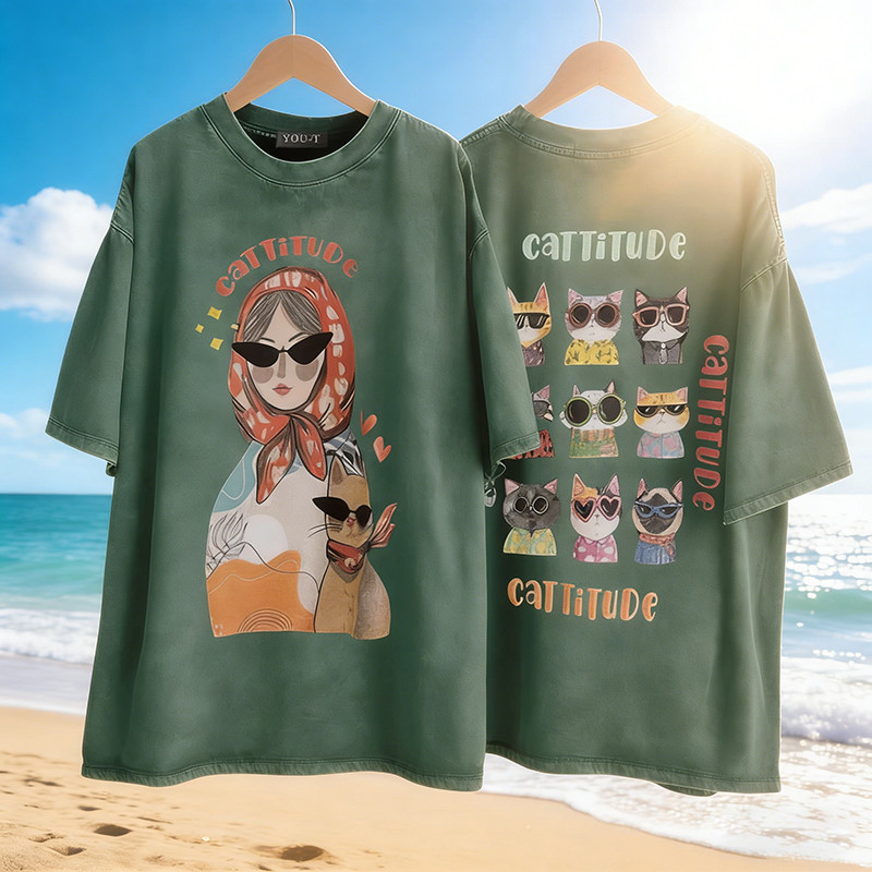 Top.street [COD]เสื้อวินเทจ เสื้อฟอก แขนสั้น คอกลม oversize cotton100% ไม่ต้องรีด unisex 'CATTITUDE&cat'