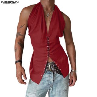 INCERUN เสื้อกล้ามแขนกุดสไตล์วินเทจสำหรับผู้ชาย ดีไซน์ทันสมั…