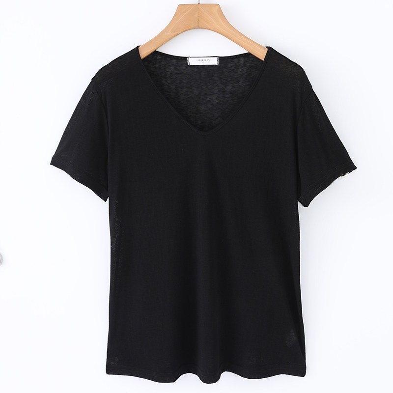 2676 เสื้อยืดแขนสั้นคอวีผ้าฝ้ายผสมลินินลายเกล็ดหิมะสำหรับฤ รูปที่ 7