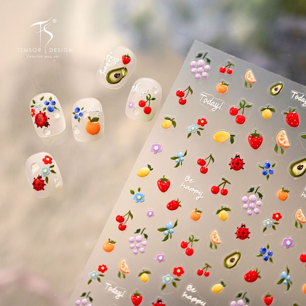 [Meow.sensei] Iron Spring Summer Vitality Fruit Flowers Grass Nailing Sticker M1382 Dopamine Cherry Strawberry Avocado Nail Sticker
