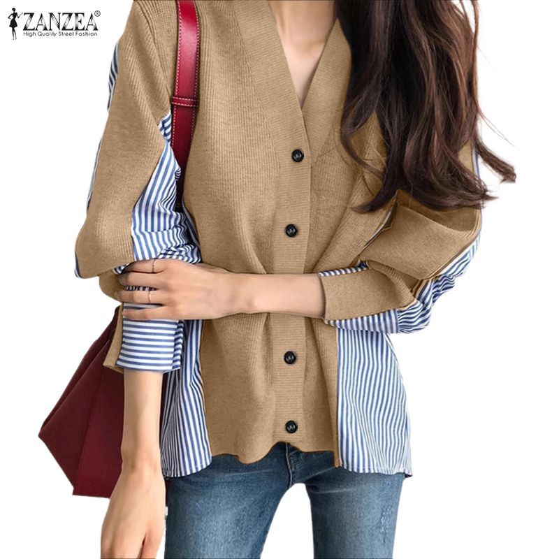 ZANZEA ผู้หญิงเกาหลีฤดูใบไม้ร่วงฤดูหนาว Niche Design V คอยาวแขนยาวลาย Patchwork เสื้อสเวตเตอร์ถักหลวม — صورة 6