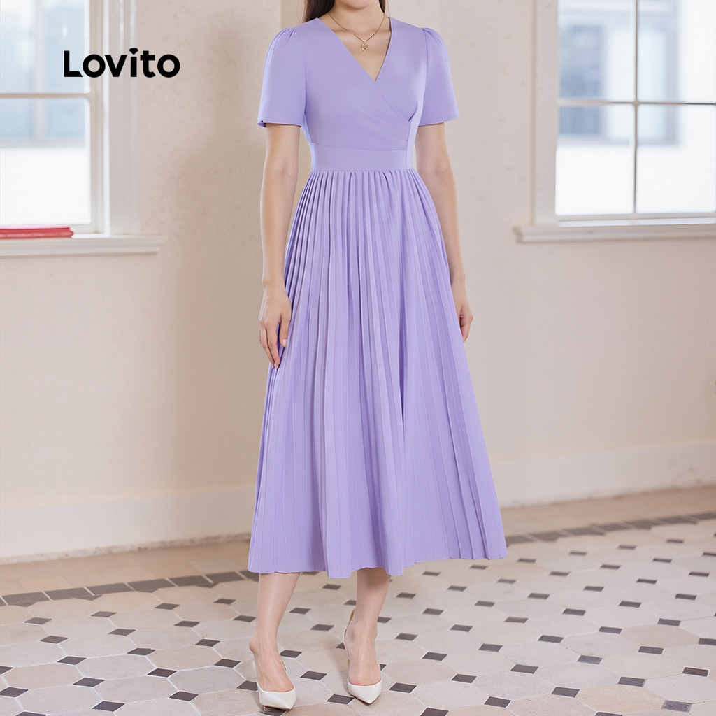 Lovito ชุดเดรสหรูหราพับแขนซิป นุ่มสบาย ฤดูใบไม้ผลิ/ฤดูร้อน สีม่วง L137ED032 - รูปที่ 3