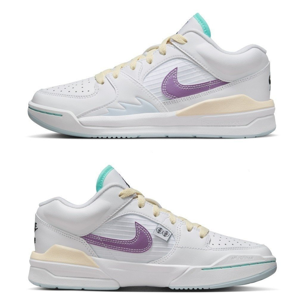 รองเท้าAir Jordan Stadium 90 สีขาว ม่วง และเหลือง ทำจากหนังนุ่ม