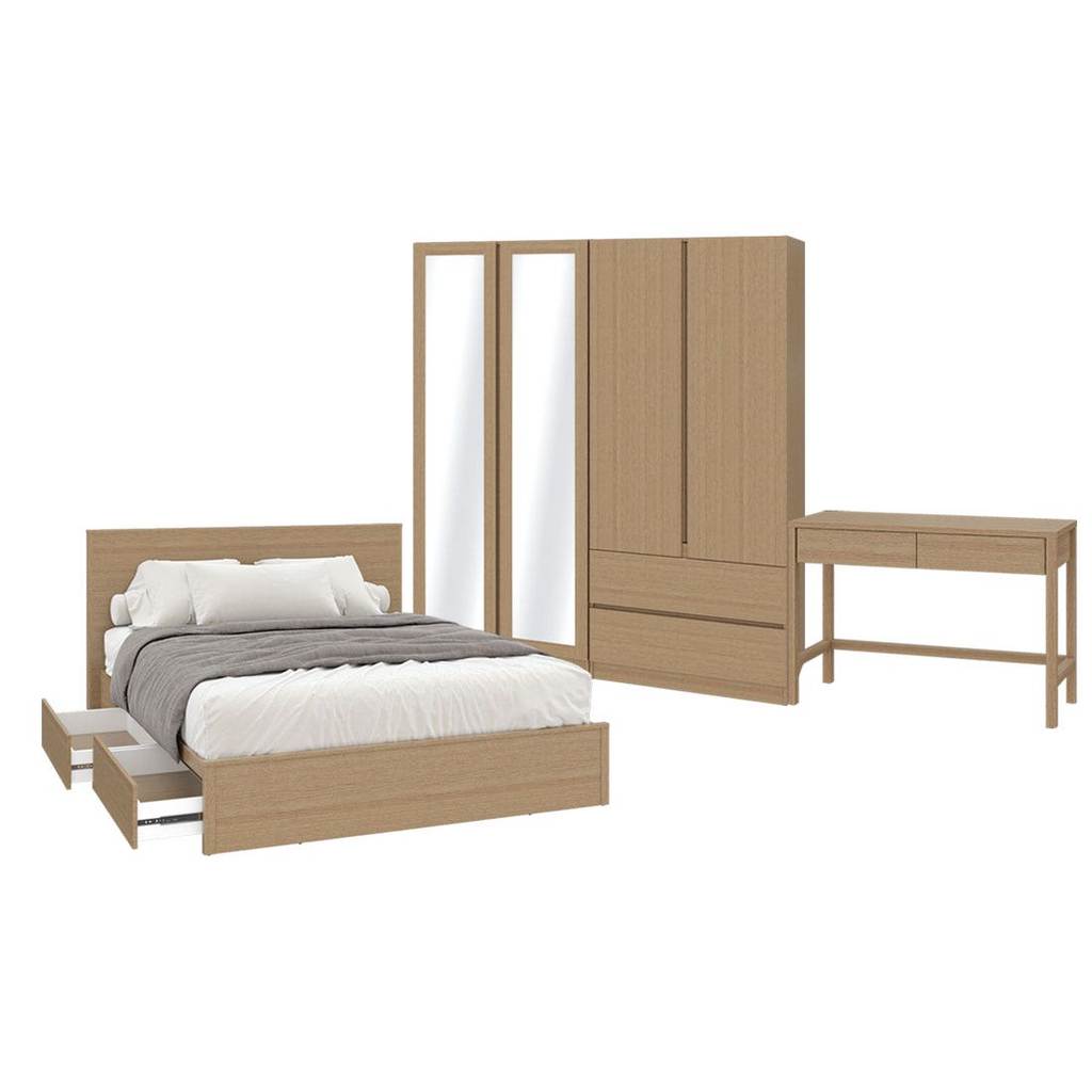 Koncept Furniture ชุดห้องนอน ขนาด 5 ฟุต รุ่น Timbur & ตู้เสื้อผ้า 180 ซม. สีแคชชูโอ๊ค  แบรนด์ KONCEPT FURNITURE