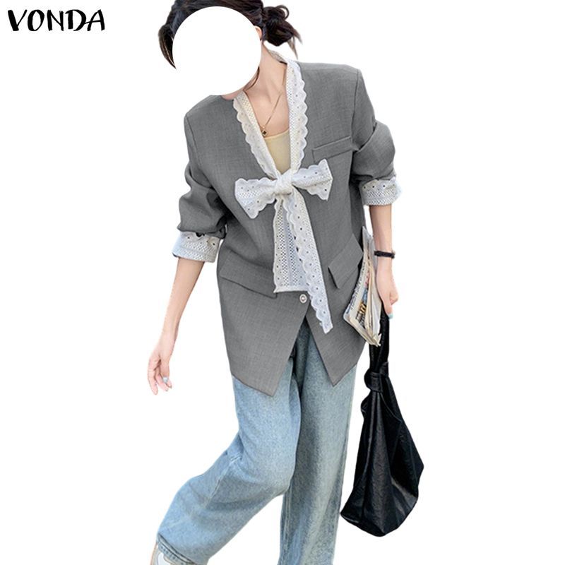 VONDA بليزر نسائي كوري بياقة V ودانتيل