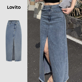 Lovito  กระโปรงยีนส์ลําลองผ่าหน้ามีซิปสําหรับผู้หญิงฤดูใบไม้…
