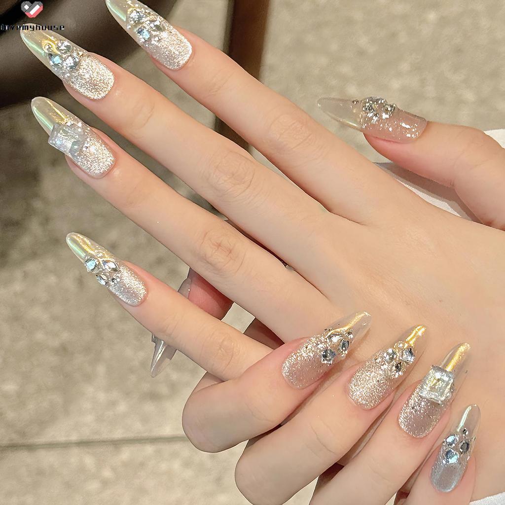 เล็บเทียม Moonlight Pink Moonlight Rhinestones สําหรับงานแต่งงาน